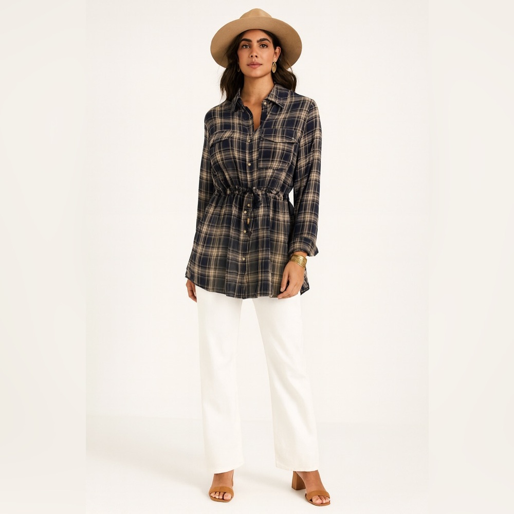 Plaid Button-Up Blouse with Drawstring NWT